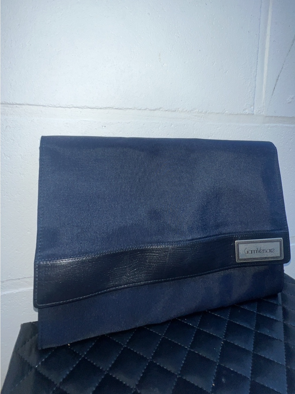 Gianni Versace vintage clutch bag in blue with crocodile print.
